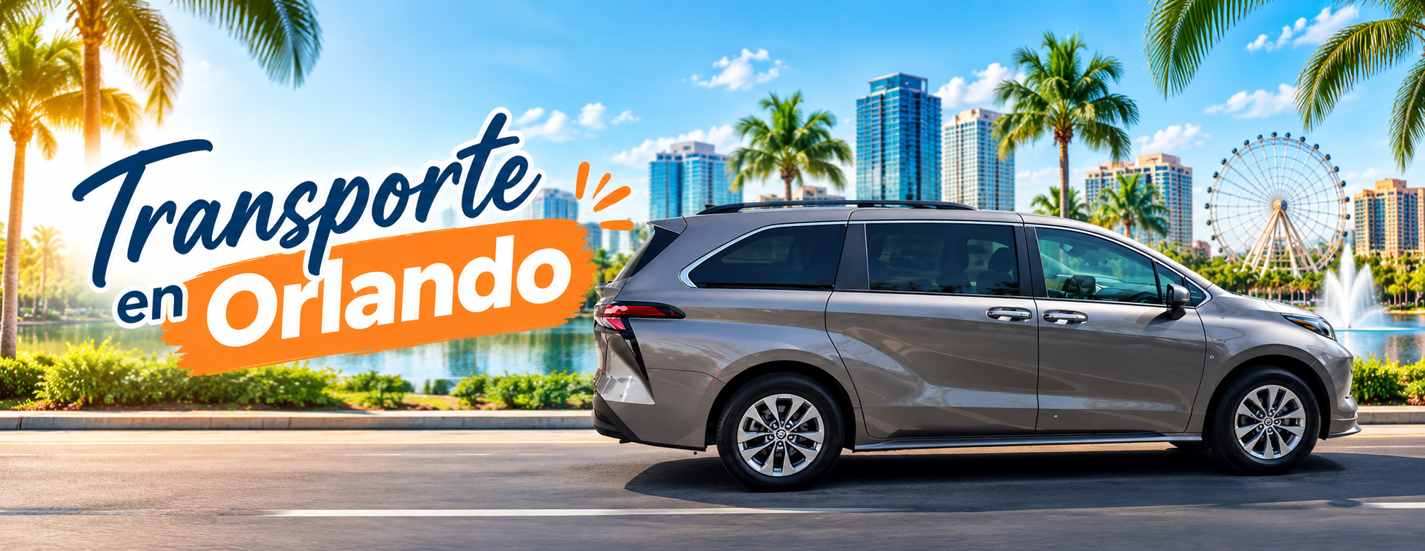 Van de transporte en Orlando, con palmeras y skyline de fondo